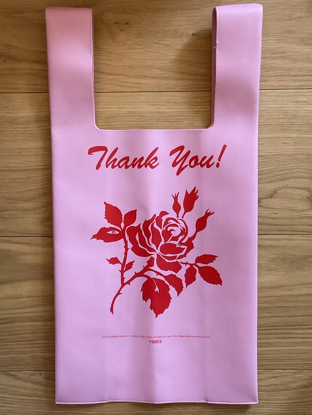 Poppy Lissiman Pink Tote Bag with Red 'Thank You' Rose Graphic